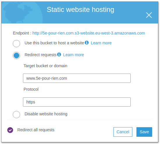 Configuring redirect for root domain